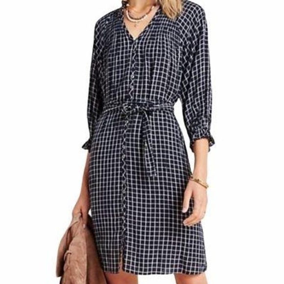 Anthropologie Maeve Sara Smocked Shirtdress in Navy Size Small - Picture 1 of 10